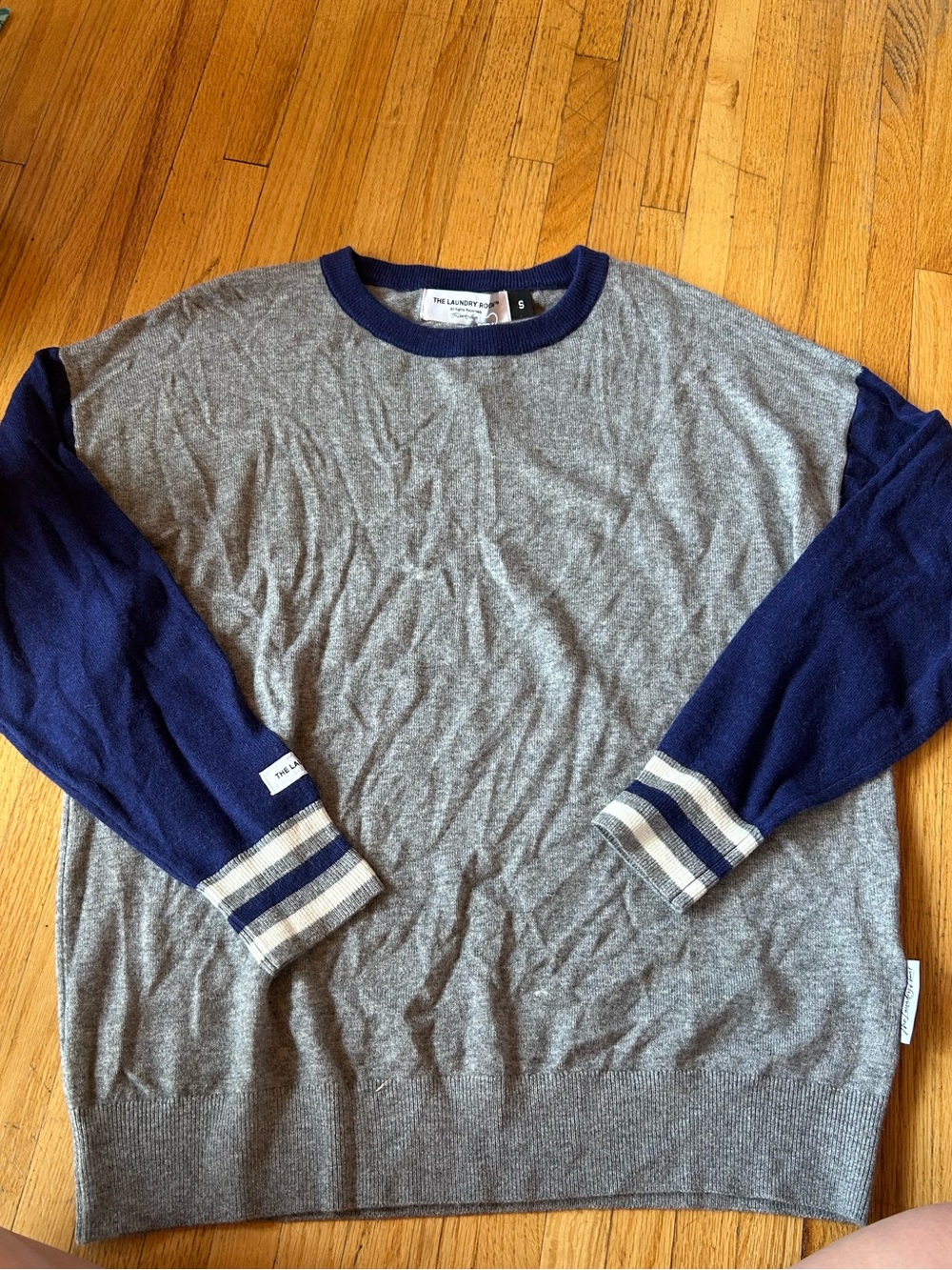 The Laundry Room Gray Crewneck Sweater with Navy Sleeves
